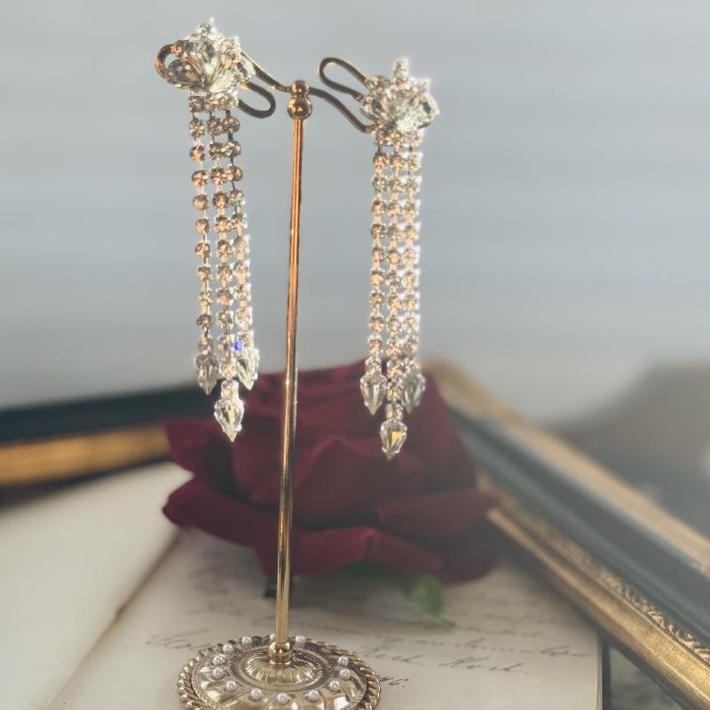 1980s Czechoslovakian New Old Stock Waterfall Chandelier Rhinestone Long Clip Earrings/Bridal Earrings (MZ114)
