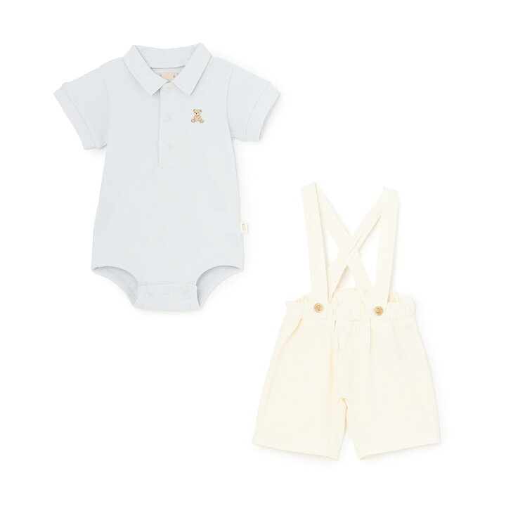 🇯🇵預訂 日本直送🇯🇵Petit Main兩色小熊刺繡翻領短袖包屁衣吊帶褲套裝