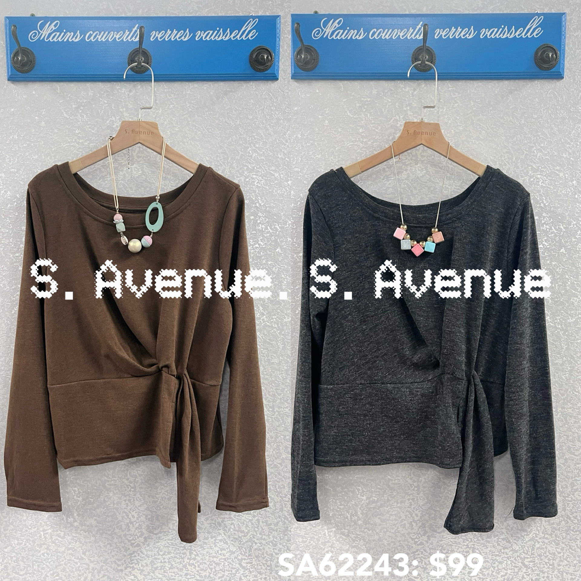 SA62243: 長袖淨色前穿帶仔top