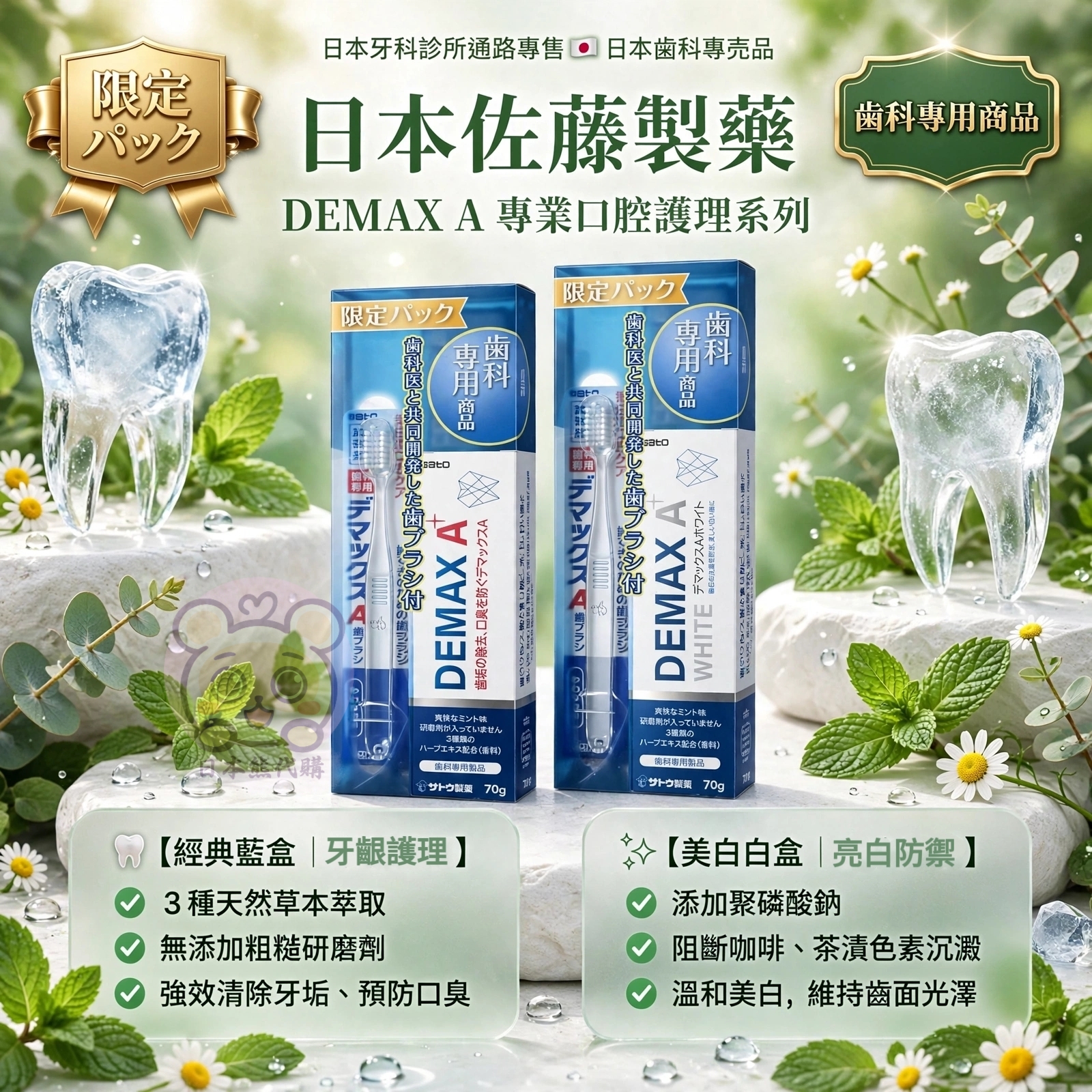日本Sato 佐藤製藥 DEMAX A 專業牙科口腔護理牙膏限定套裝  附送專用牙刷 2款選 