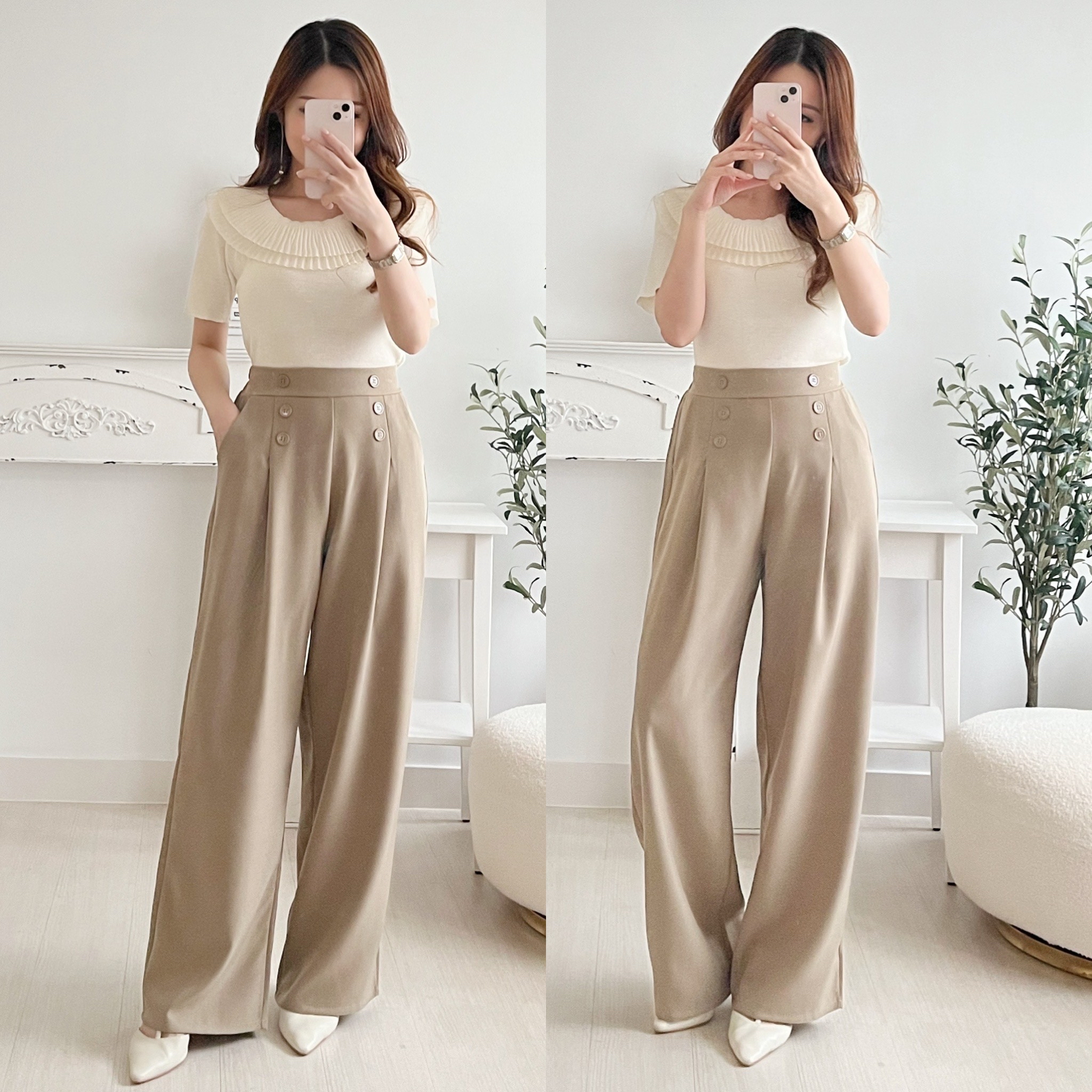 百搭知性の選💮排鈕闊腳長褲 (KR) 卡其色