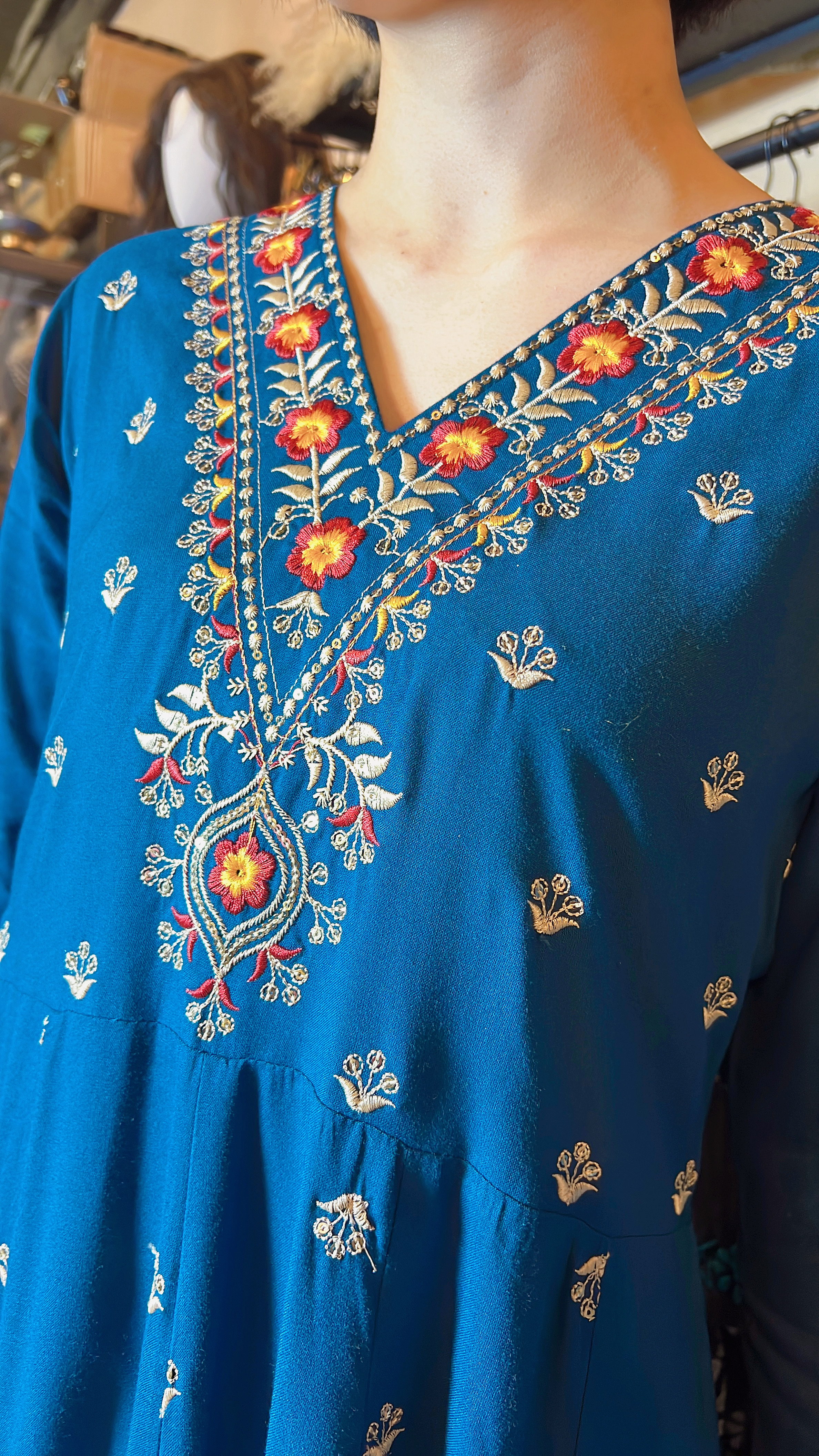 Blue Emb Big V Neck Cotton OP 46" #1051