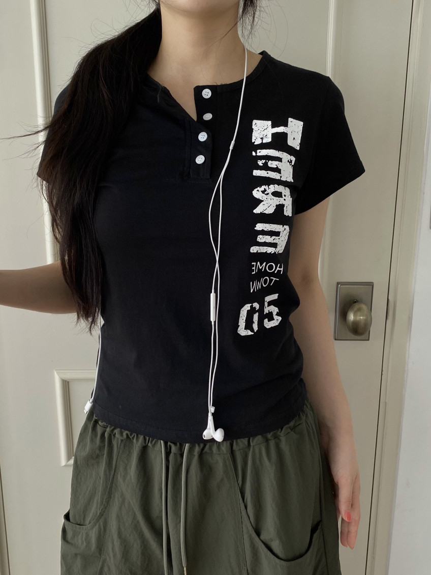 Distressed Graphic Button Top