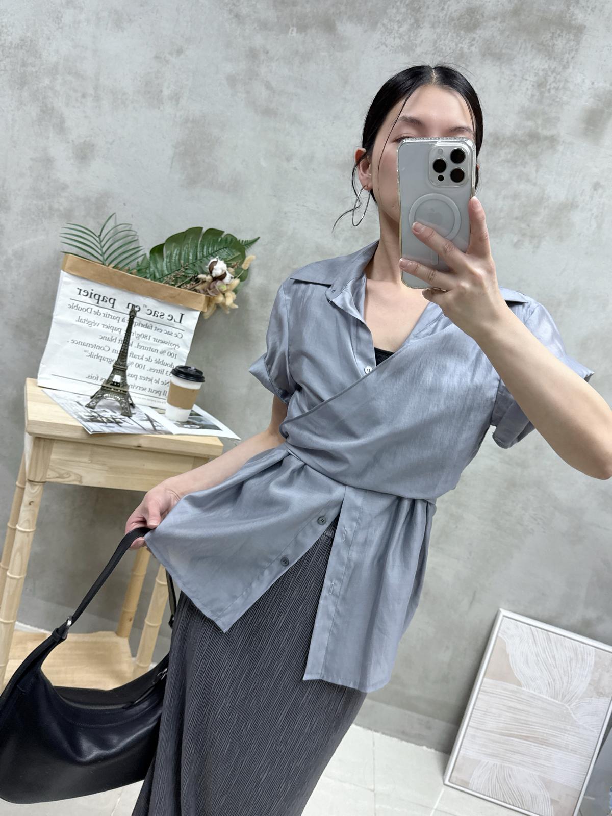 G02 交叉綁腰絲質恤衫