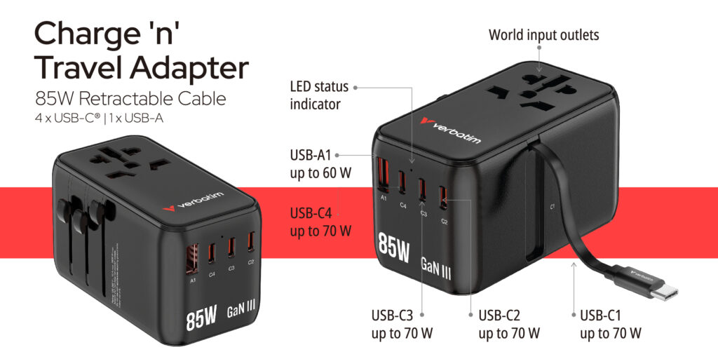 香港行貨 2年保養  Verbatim 威寶 Charge 'n' Travel 85W 通用旅行轉插連伸縮充電線 (CNT-02) 30176