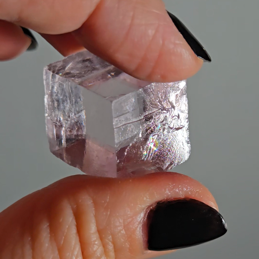 Purple calcite cube with rainbows - PC2