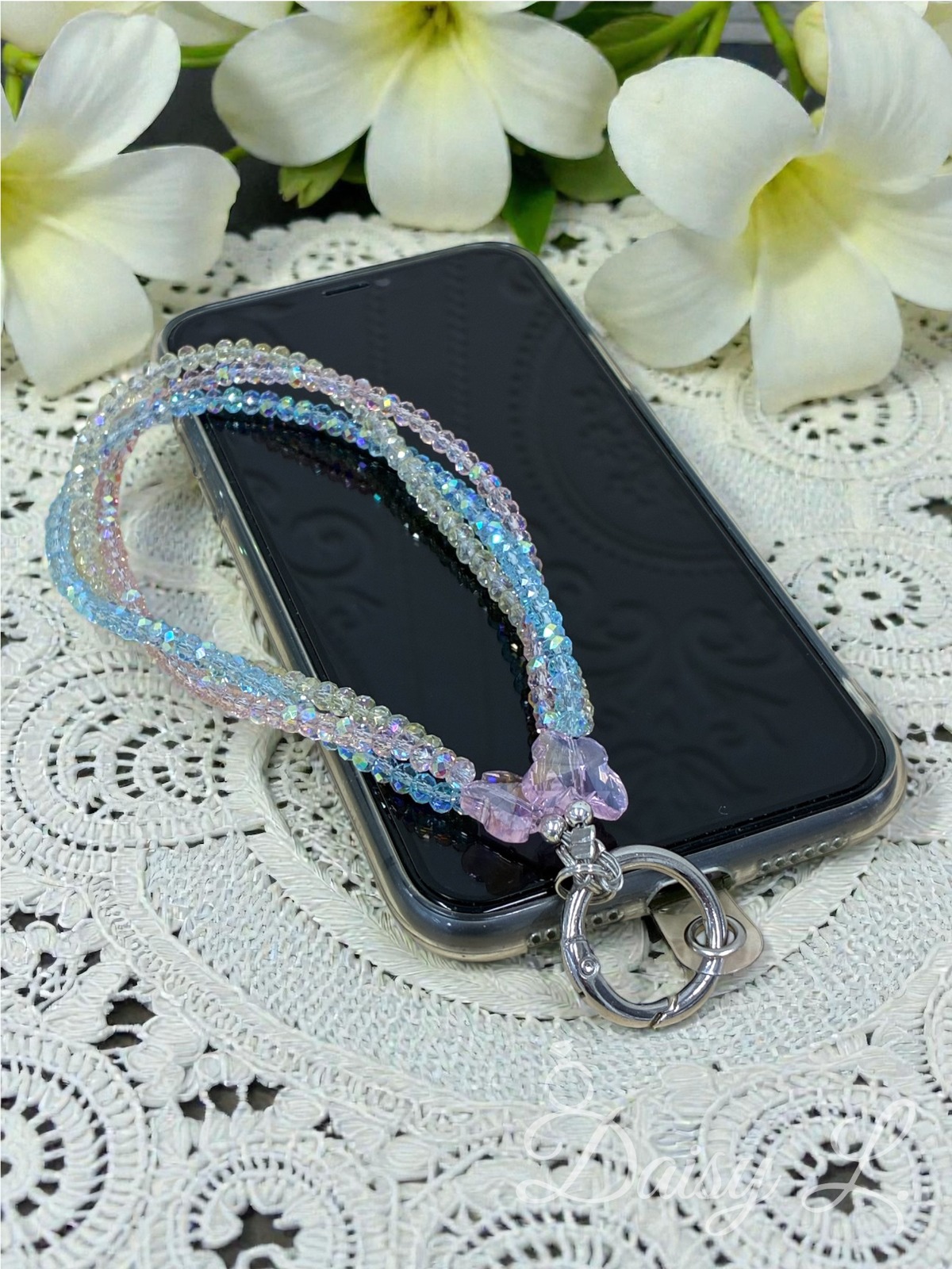 夢幻蝴蝶彩色水晶手機掛繩