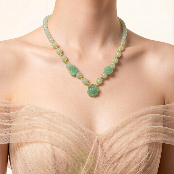 JN-2742,45,46 ,651 天然翡翠A玉-花開富貴立體雕花項鏈