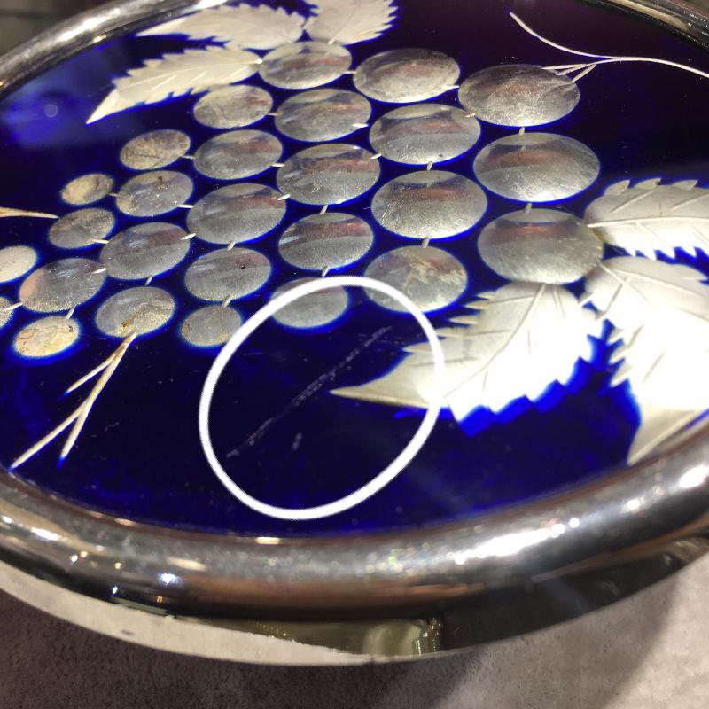 Vintage Czechoslovakia Intaglio Cut Grape Pattern Blue & Silver Glass Round Mat / Large Coaster(CB118)