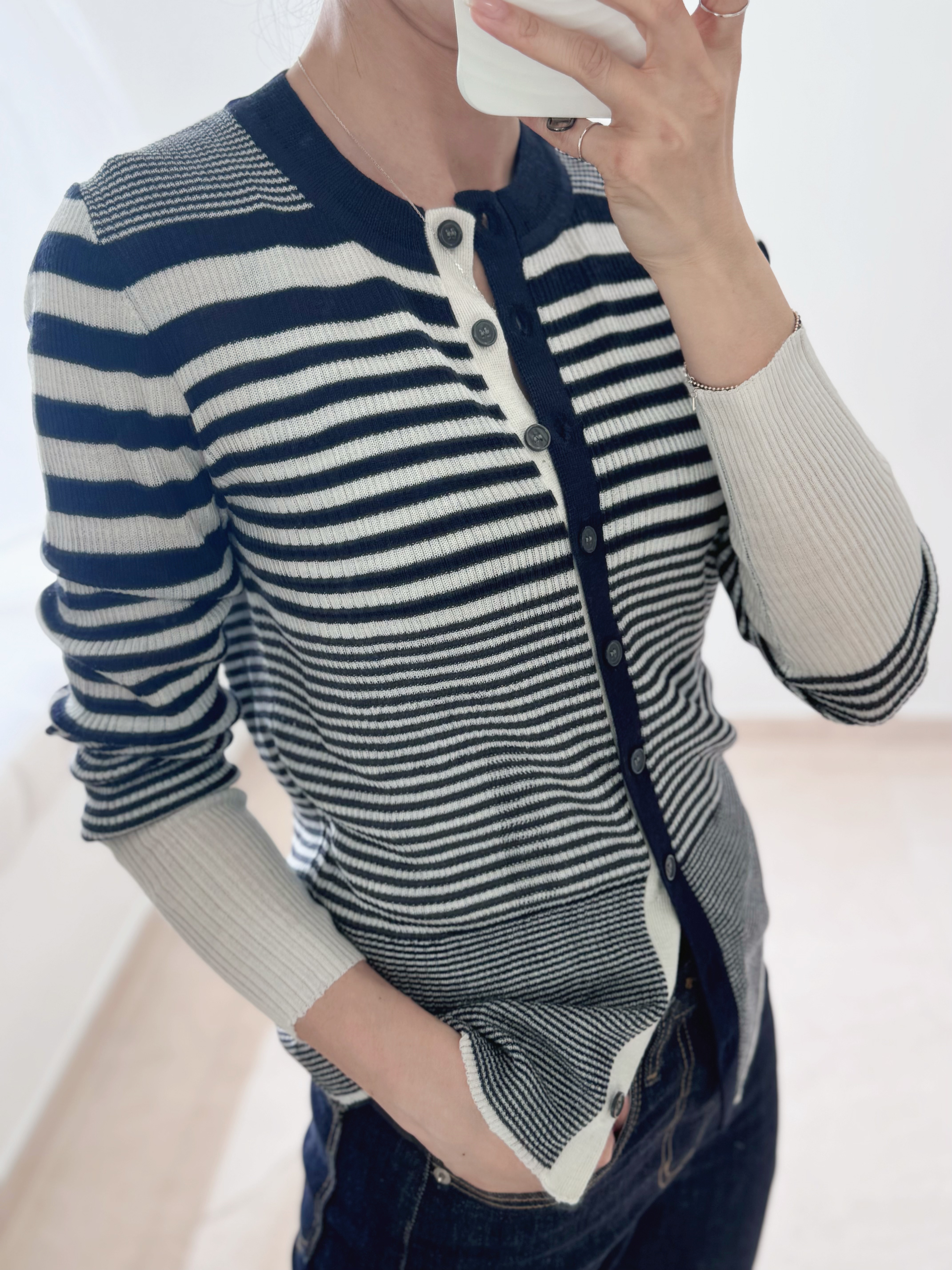 Elegant stripes ultra-light cardi (Navy & White)