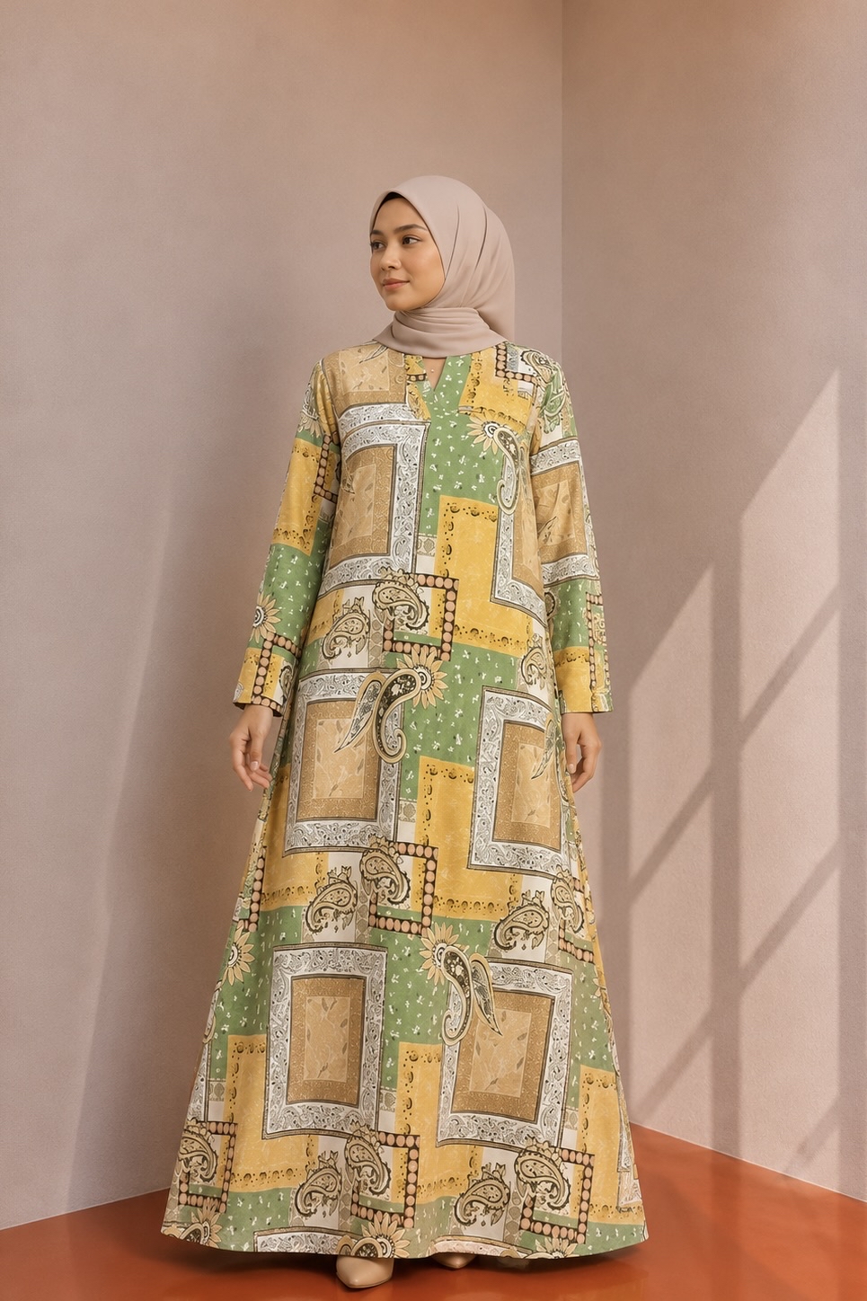 Linen Patchwork Dress - Moss Lemon