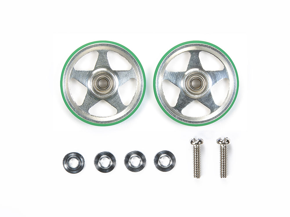19mm ALUMINUM ROLLERS (5 SPOKES) w/PLASTIC RINGS (GREEN)