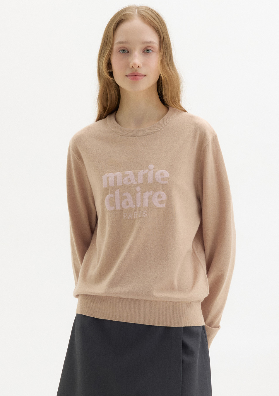 Marie Claire Essential Logo Jacquard Wool Round Knit 
