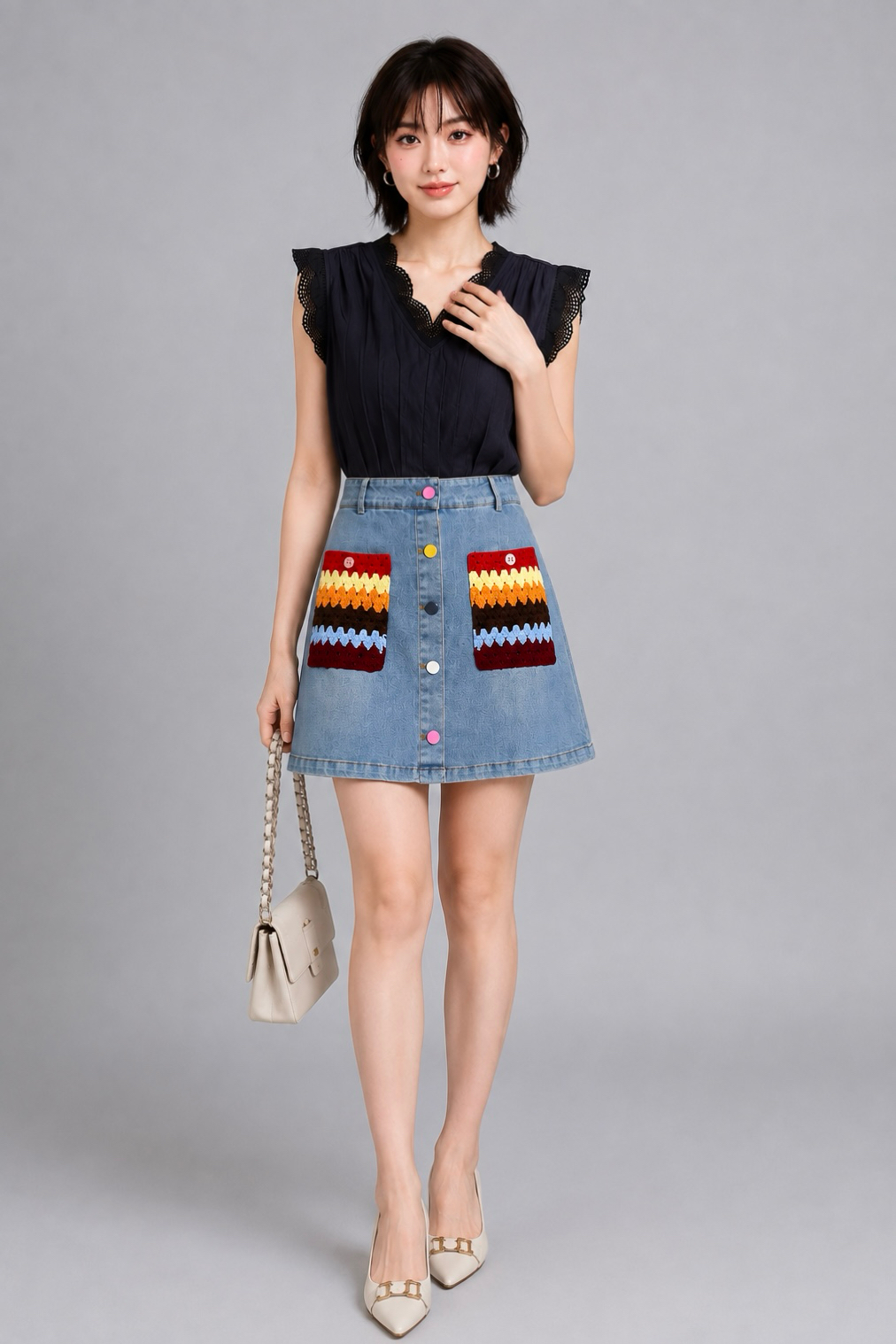 28034 Lace Trim Pleated V-Neck Blouse