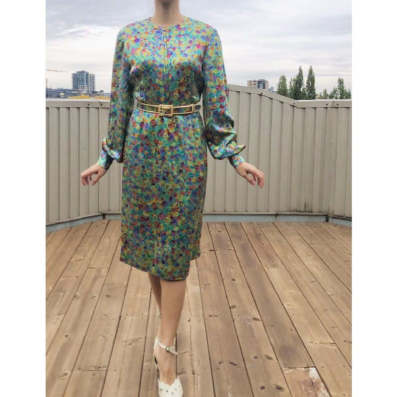 Vintage C.a. 1980s André Laug 100% Silk Made in Italy Floral Dress with original Belt(MT1625)