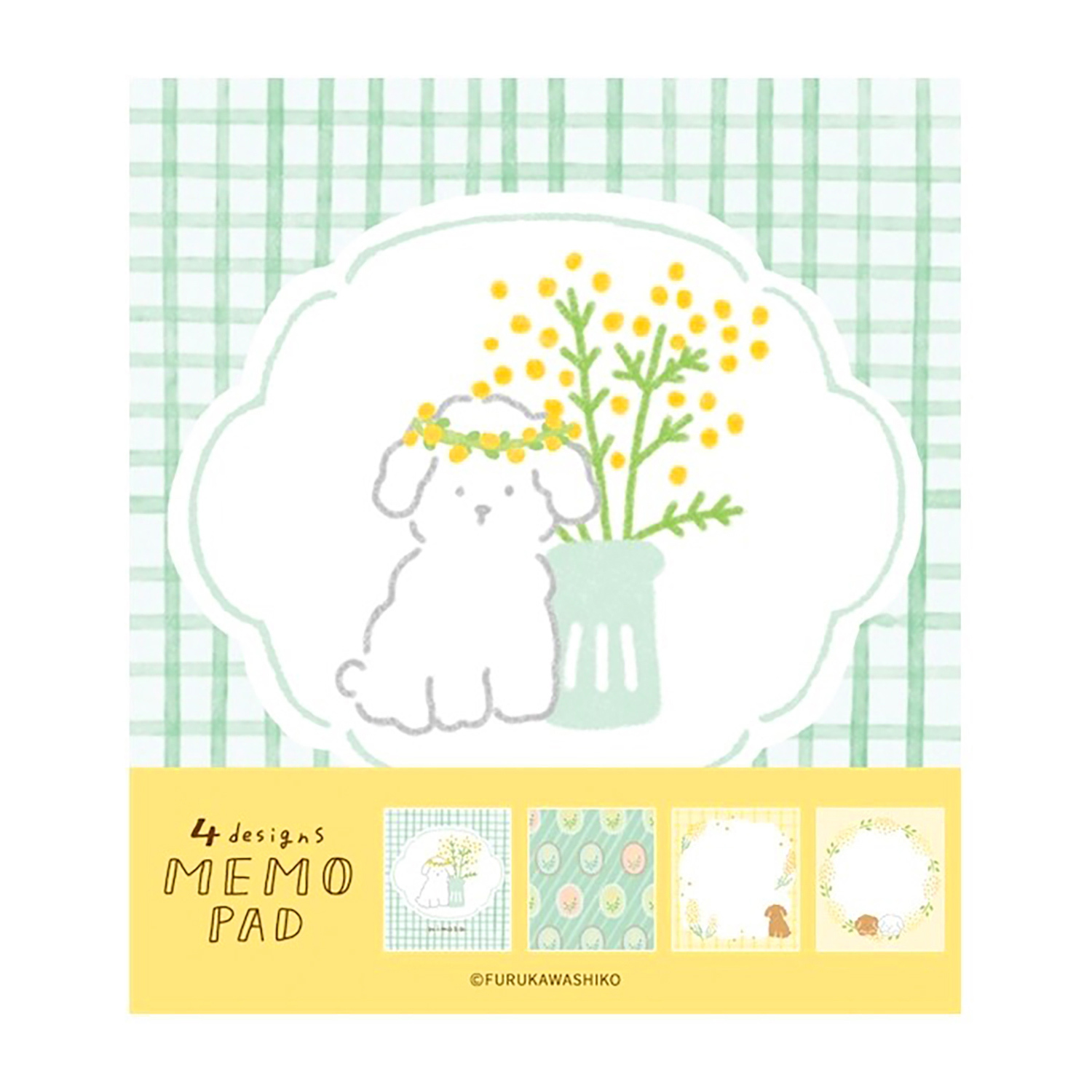 古川紙工 - 方形記事本 (淺綠色格子白狗含羞草款)