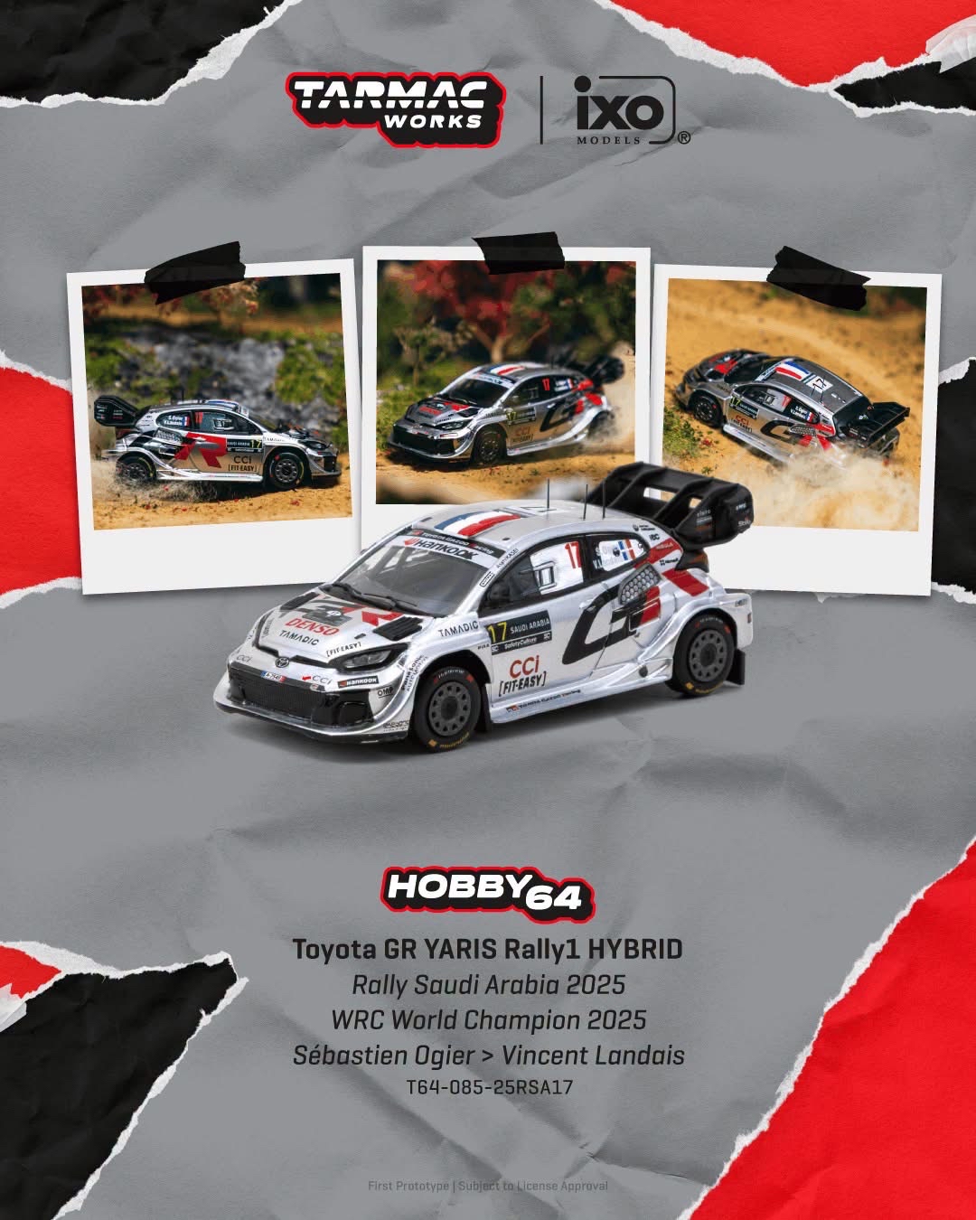 （預訂 Pre Order) Tarmac Works （ T64-085-25RSA17 ）Toyota GR YARIS Rally1 HYBRID Rally Saudi Arabia 2025 WRC World Champion 2025 Sébastien Ogier / Vincent Landais