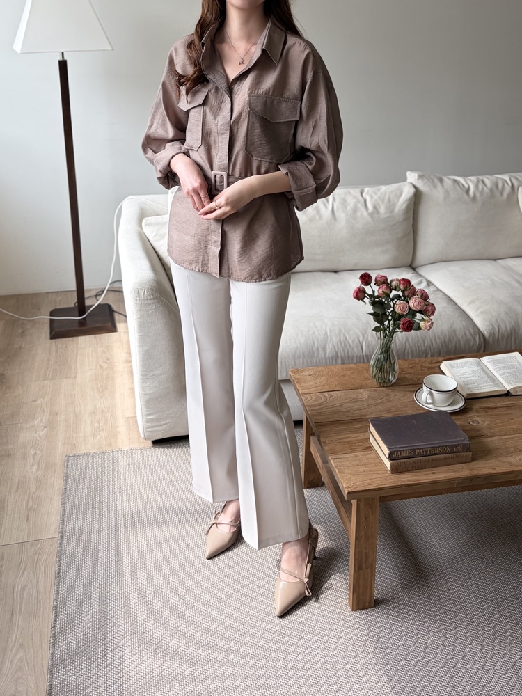 Feminine Belted Pocket Blouse (Brown)
