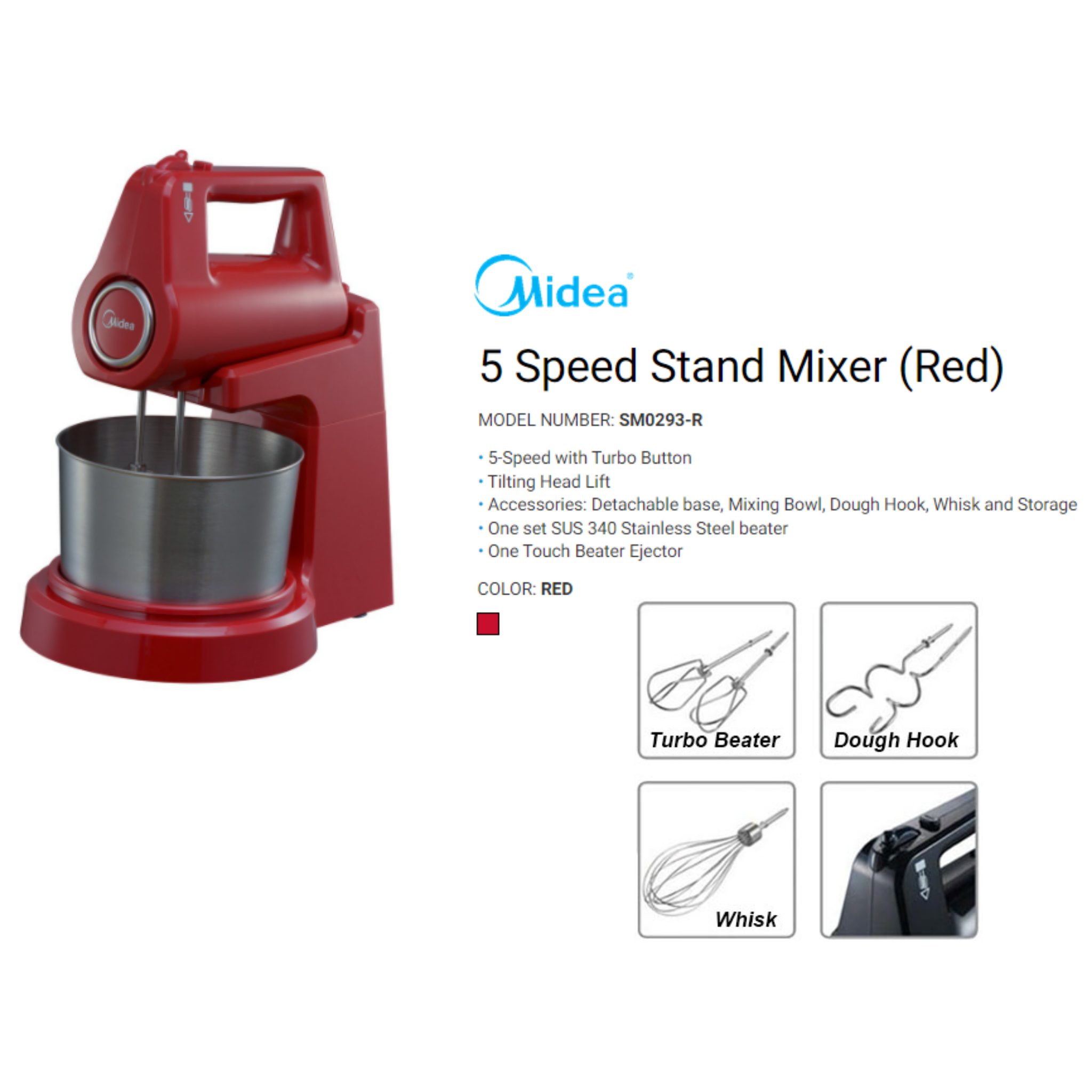 Midea 2.5L Stand Mixer With 5 Speed & Turbo Function 400W (Red) SM0293-R