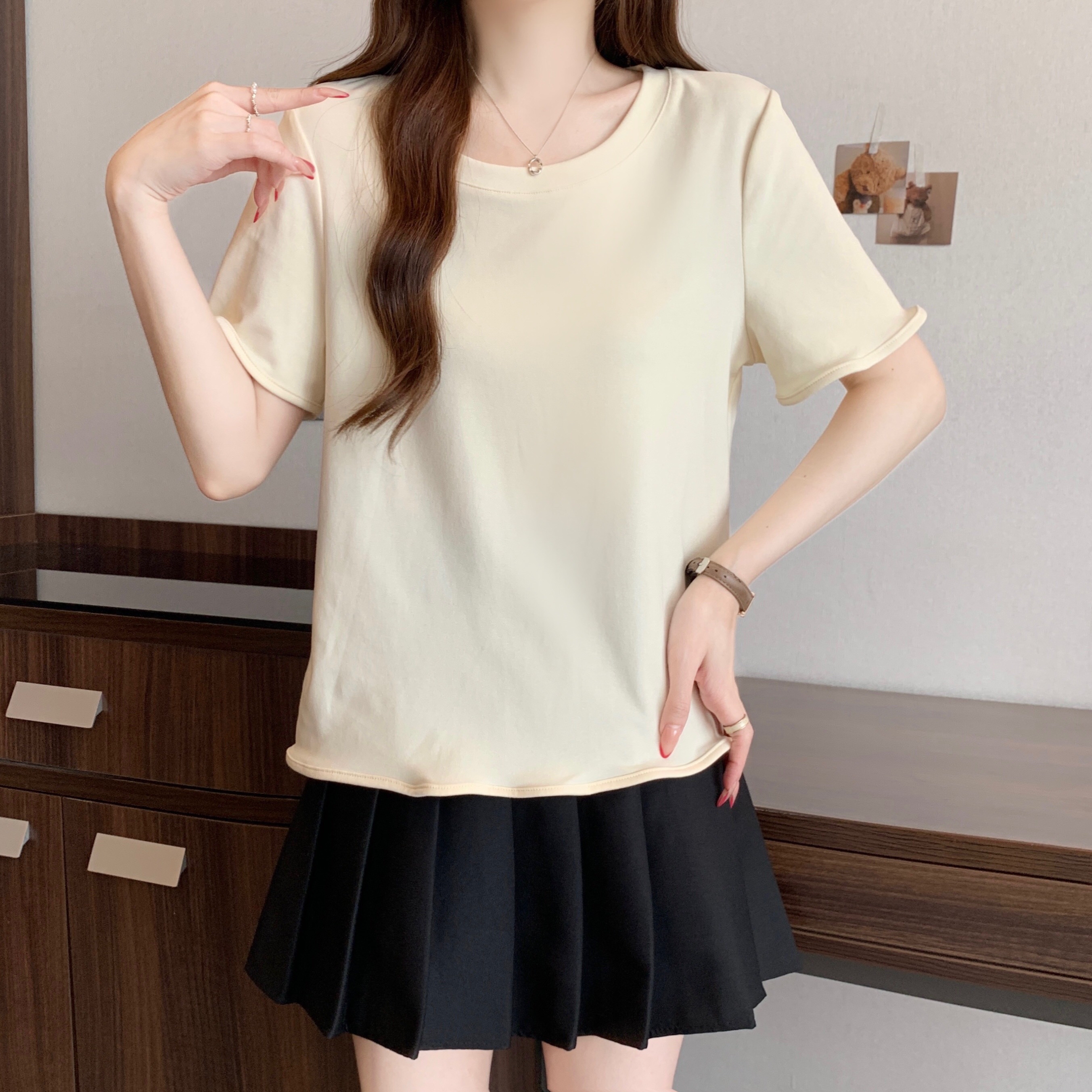 B230(81018) 韩版INS风圆领木耳边短袖与下摆4色上衣