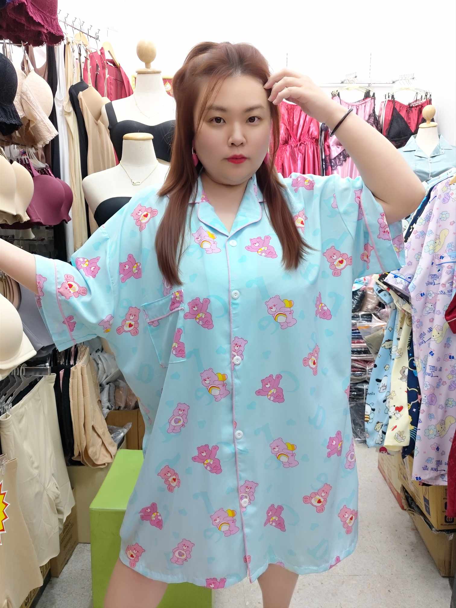 ENE19 卡通柔软滑布睡裙套装