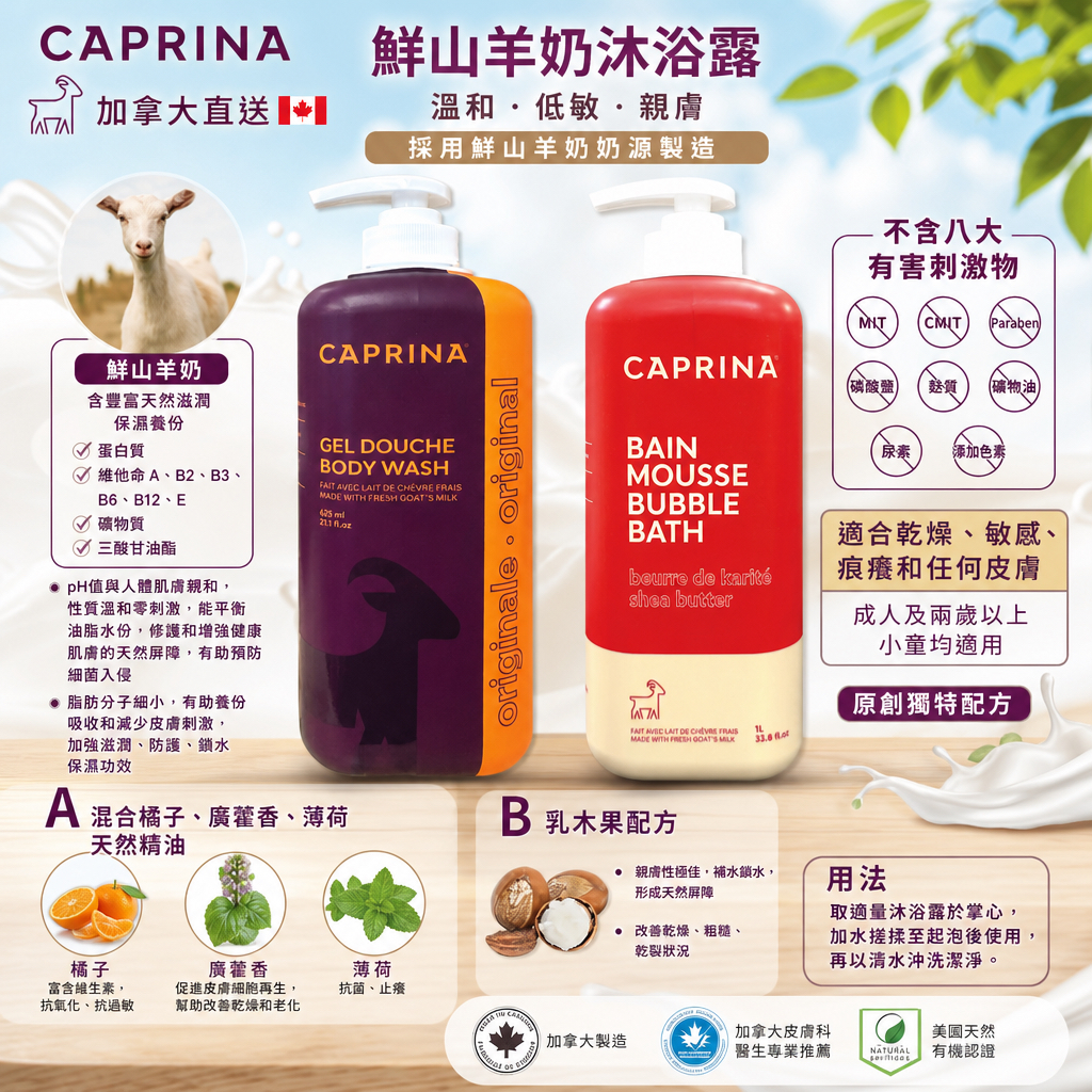 加拿大直送  Caprina - 鮮山羊奶沐浴露 經典原味紫色/625ML