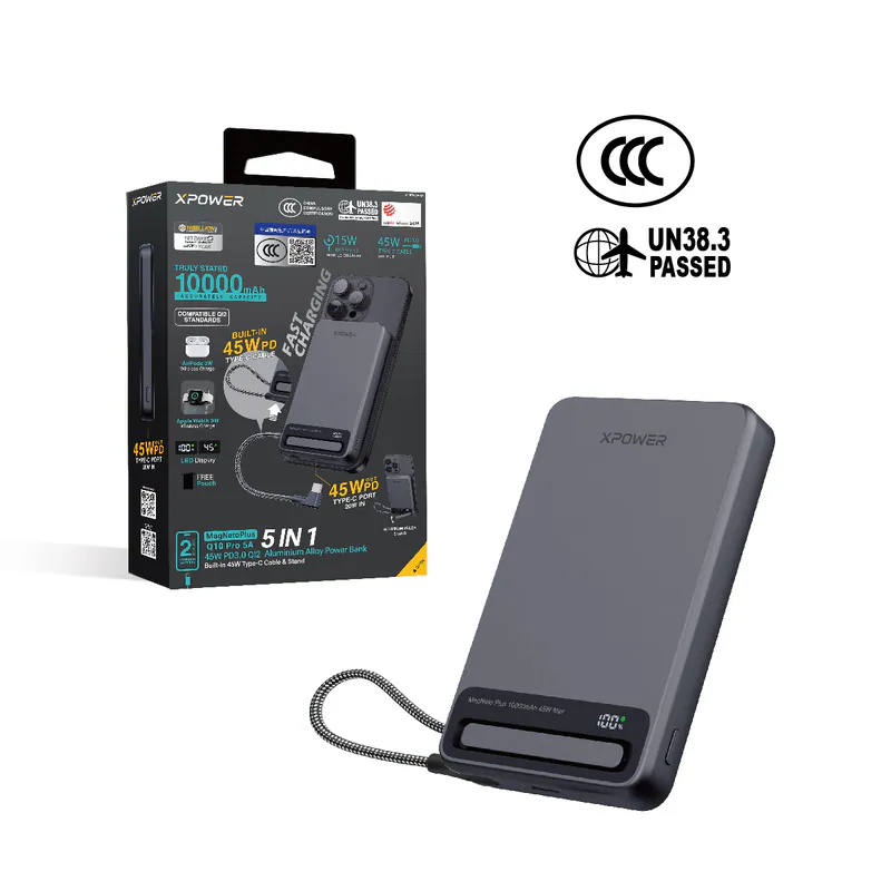香港行貨 一年保養 XPower (3C可追溯二維碼) MagNetoPlus Q10 Pro鋁合金10000mAh 45W PD3.0支架內置線及數顯QI2磁吸移動電源 