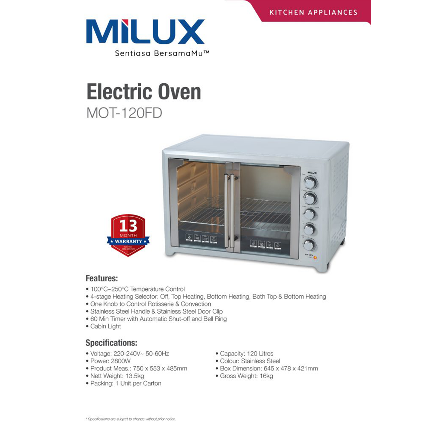 Milux 120L 2800W Electric Oven (MOT-120FD)