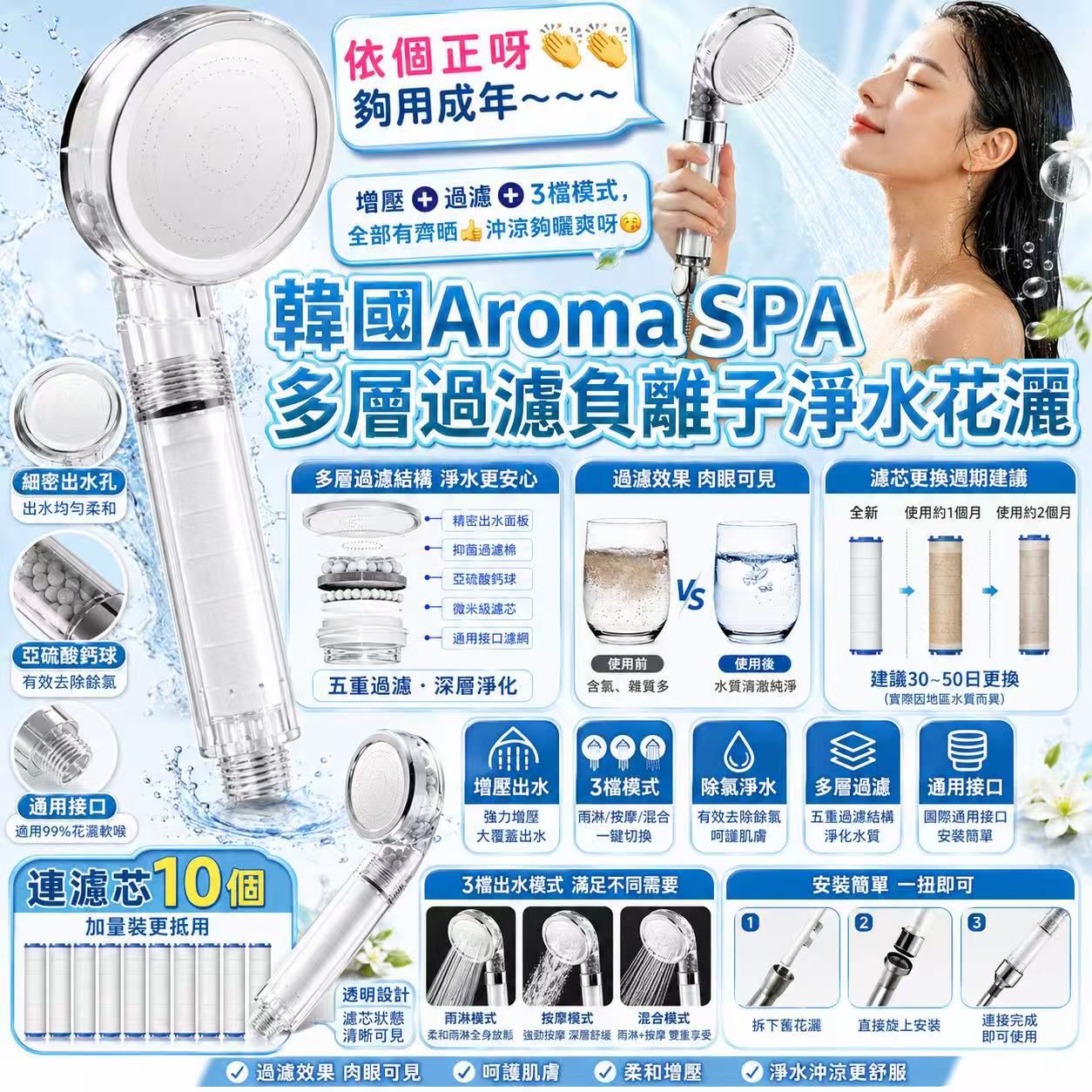 【預訂】韓國 Aroma SPA 多層過濾負離子淨水花曬連濾芯10個