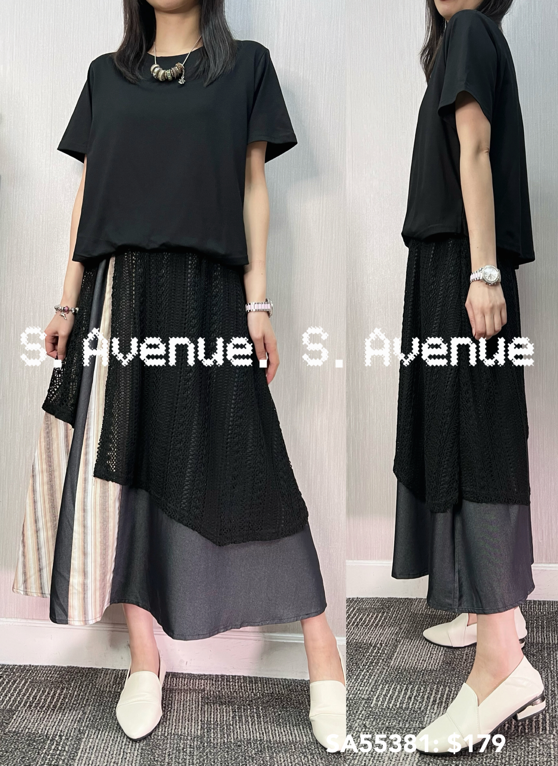 SA55381: 短袖下拼勾織lace直條op