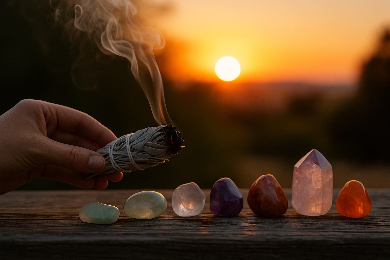  Hand holding burning white sage smudge stick with smoke rising above colorful healing crystals including amethyst and rose quartz during sunset - spiritual cleansing supplies from Featherlight Dust Crystals.
