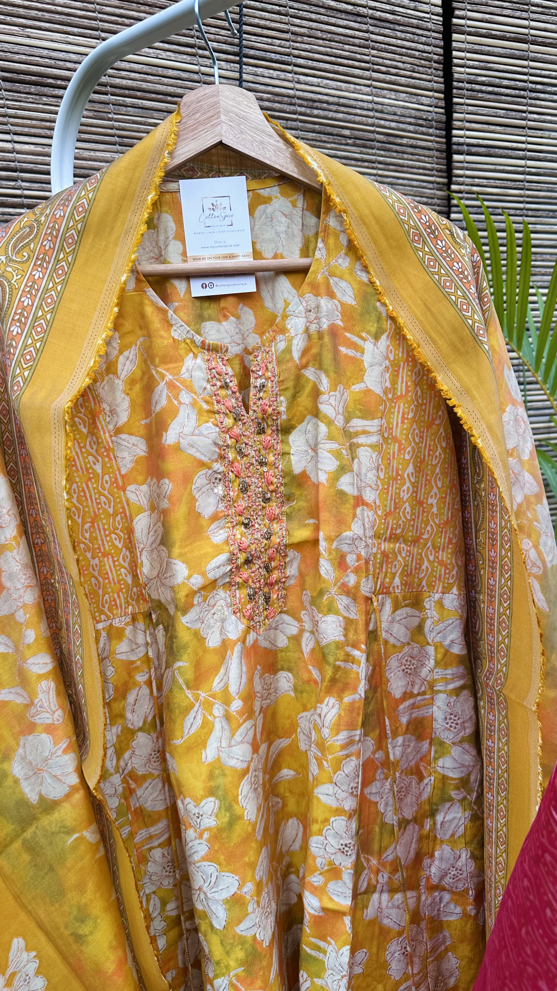 Mustard Floral Muslin Silk Anarkali set
