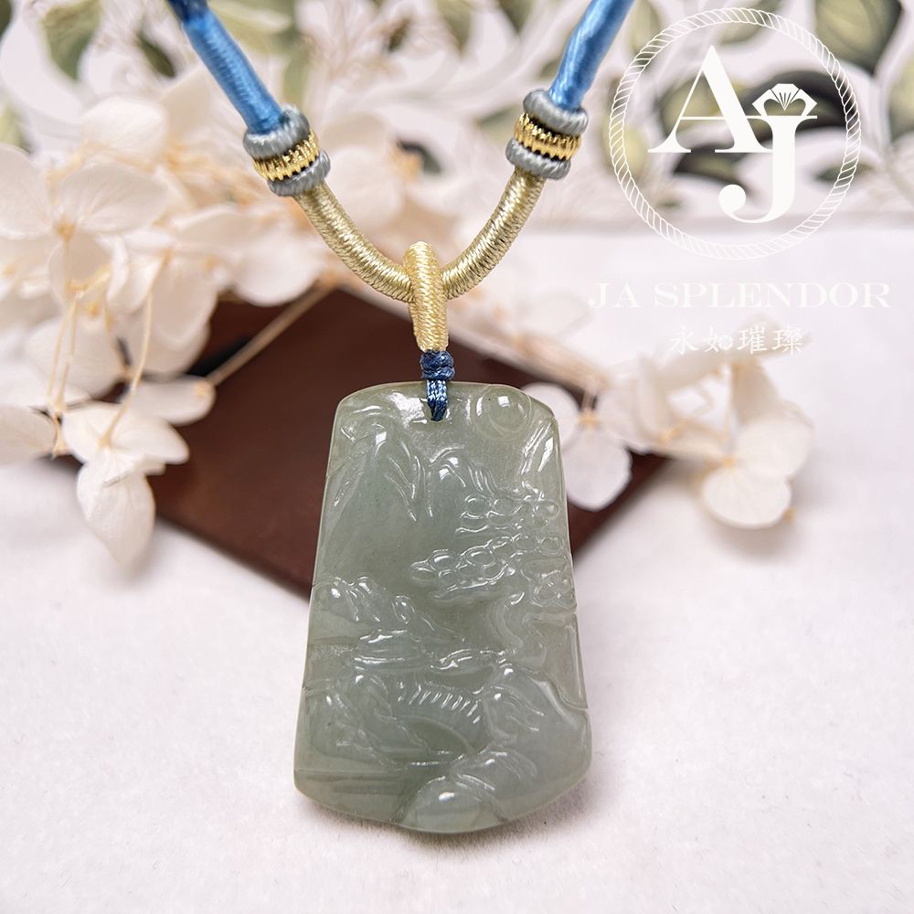 JN-1094 天然翡翠A玉 老料膠潤旺丁旺財山水牌吊墜