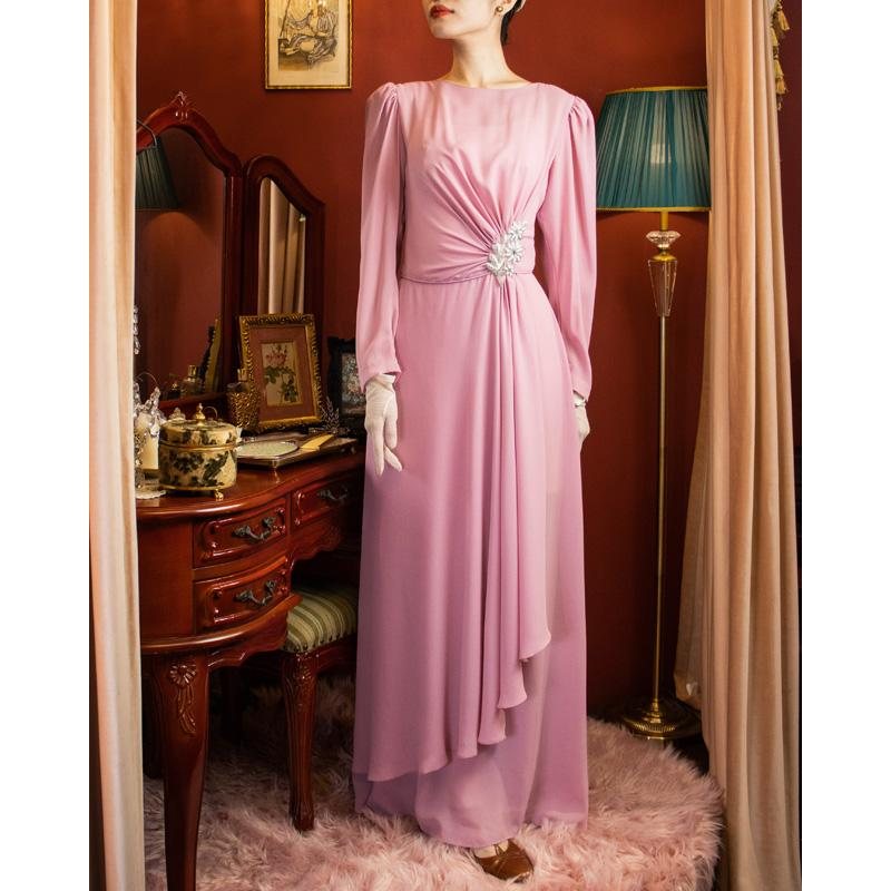 1970s/80s Does 1930s Style Rose Pink Long Dress with Waist Appliqué (MU108-11)