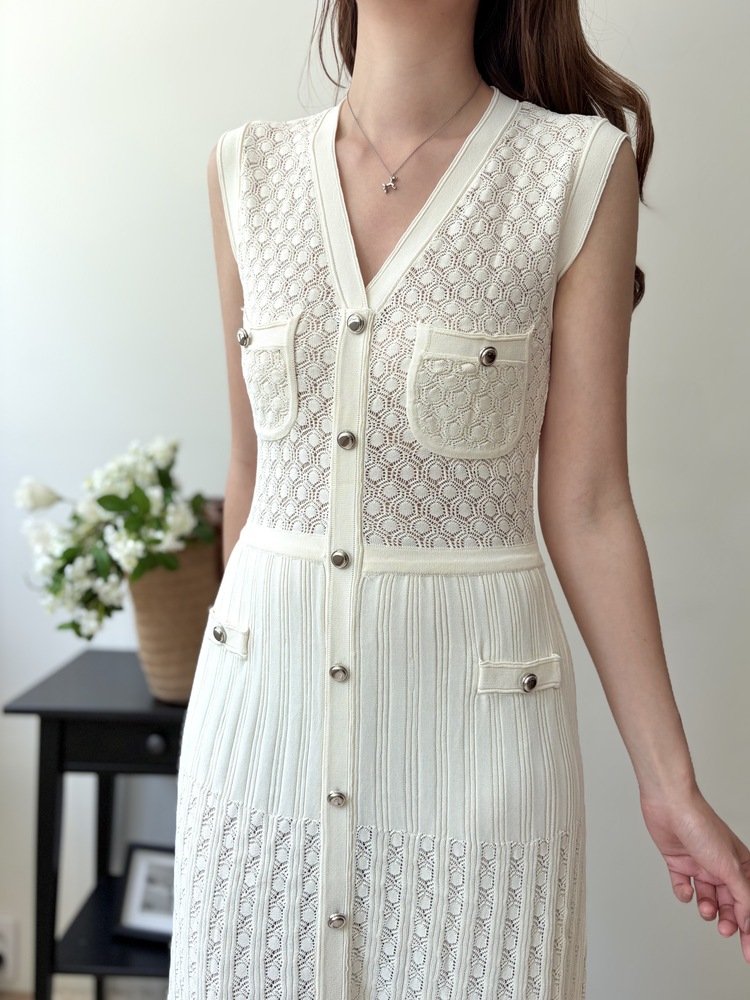 Buttoned Crochet Knit Dress (Ivory)