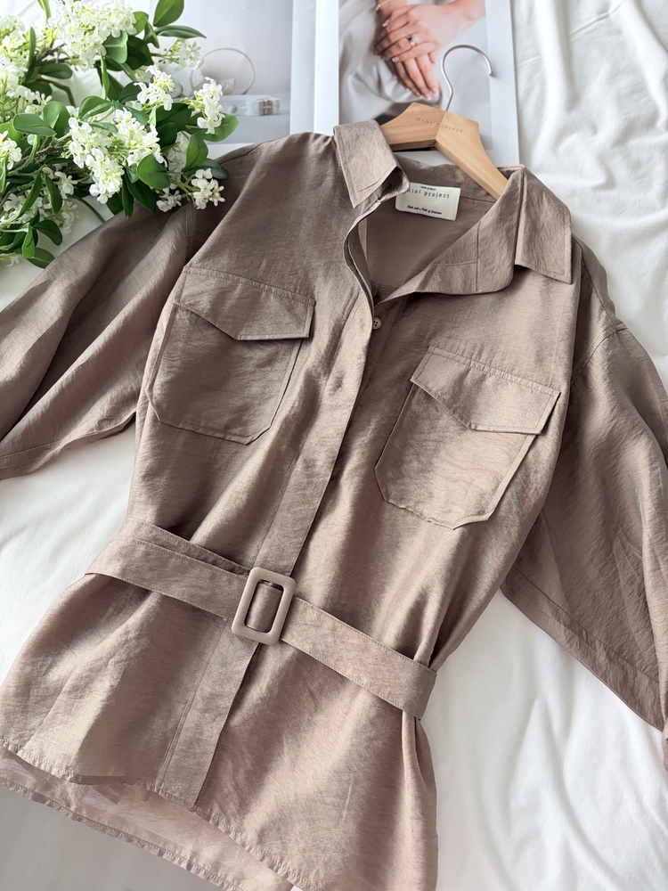 Feminine Belted Pocket Blouse (Brown)
