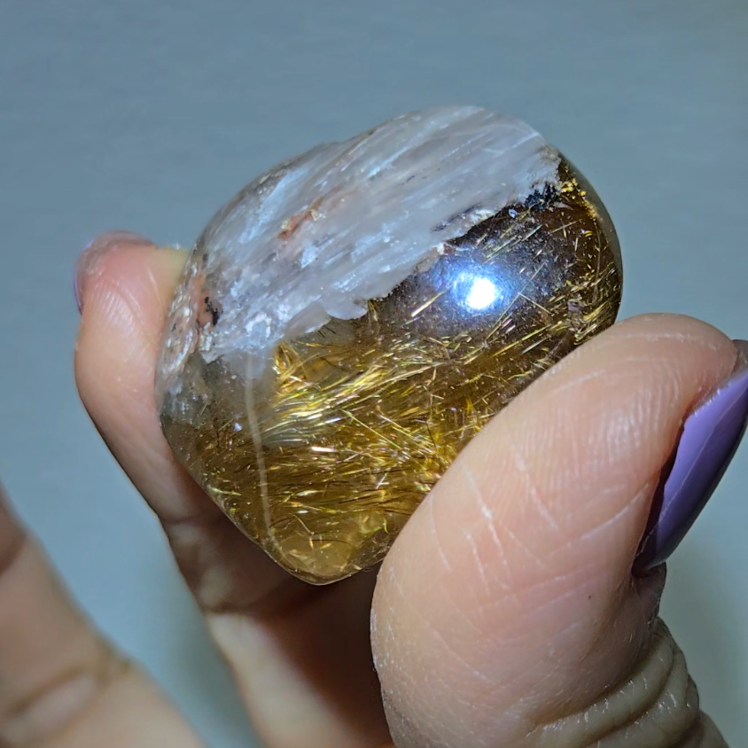 Golden rutile flower on pink lodolite garden quartz heart - RT710