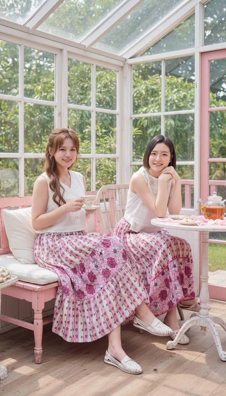 SSD006 White x Pink Flower 3-Layer Skirt 37"