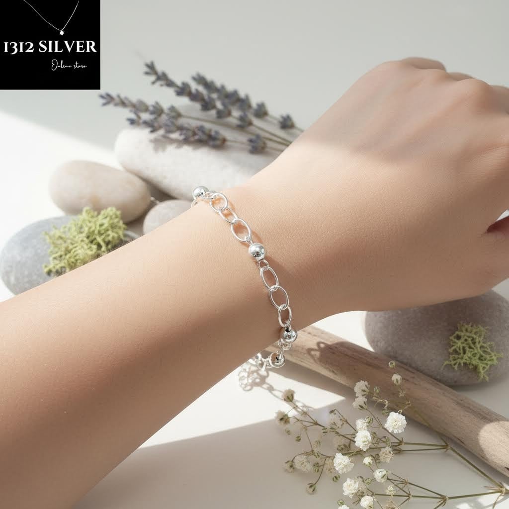 S925 - EB0105 Oval Link & Bead Bracelet