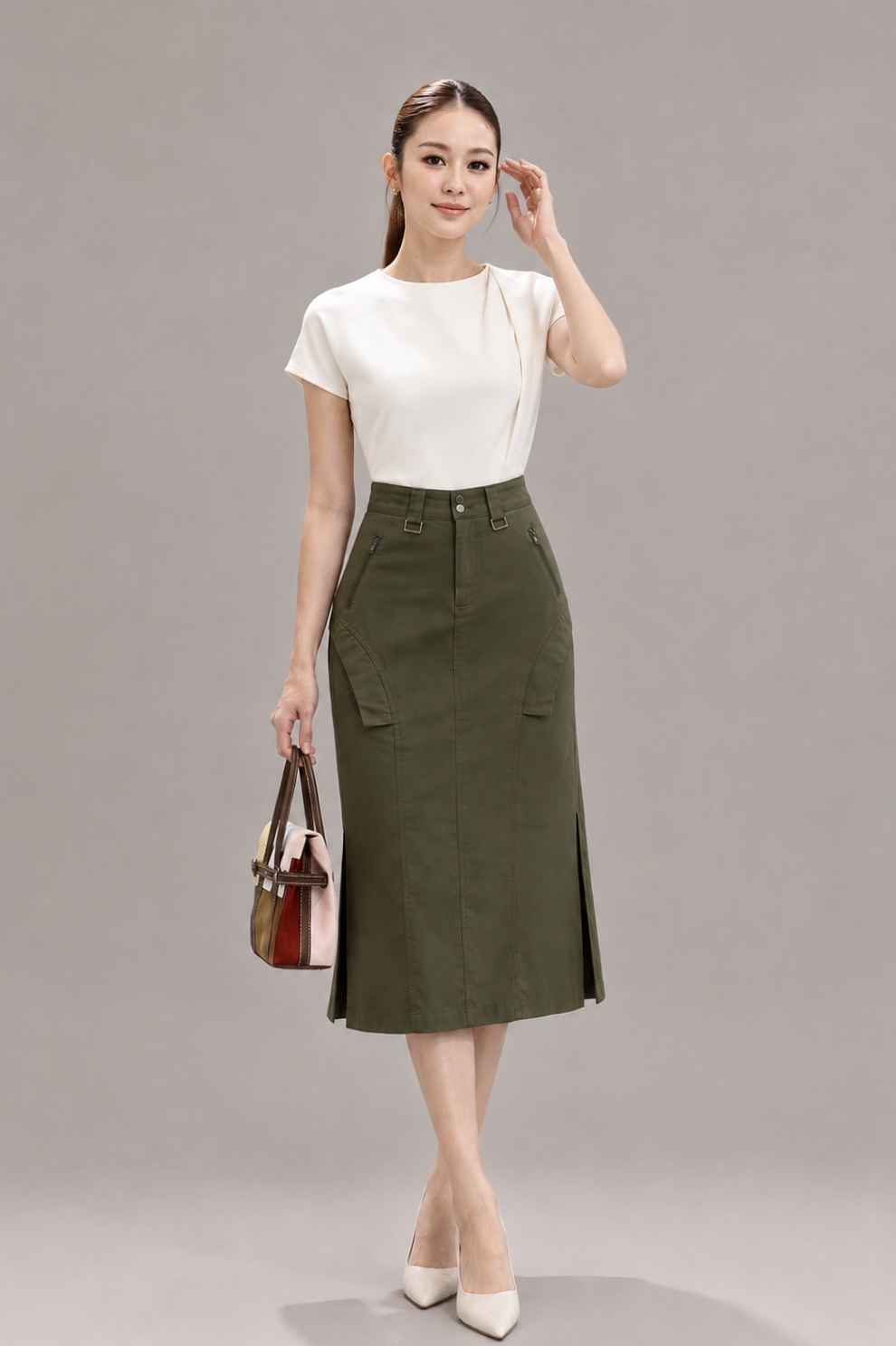 308681 Asymmetric Pleated Shoulder Blouse