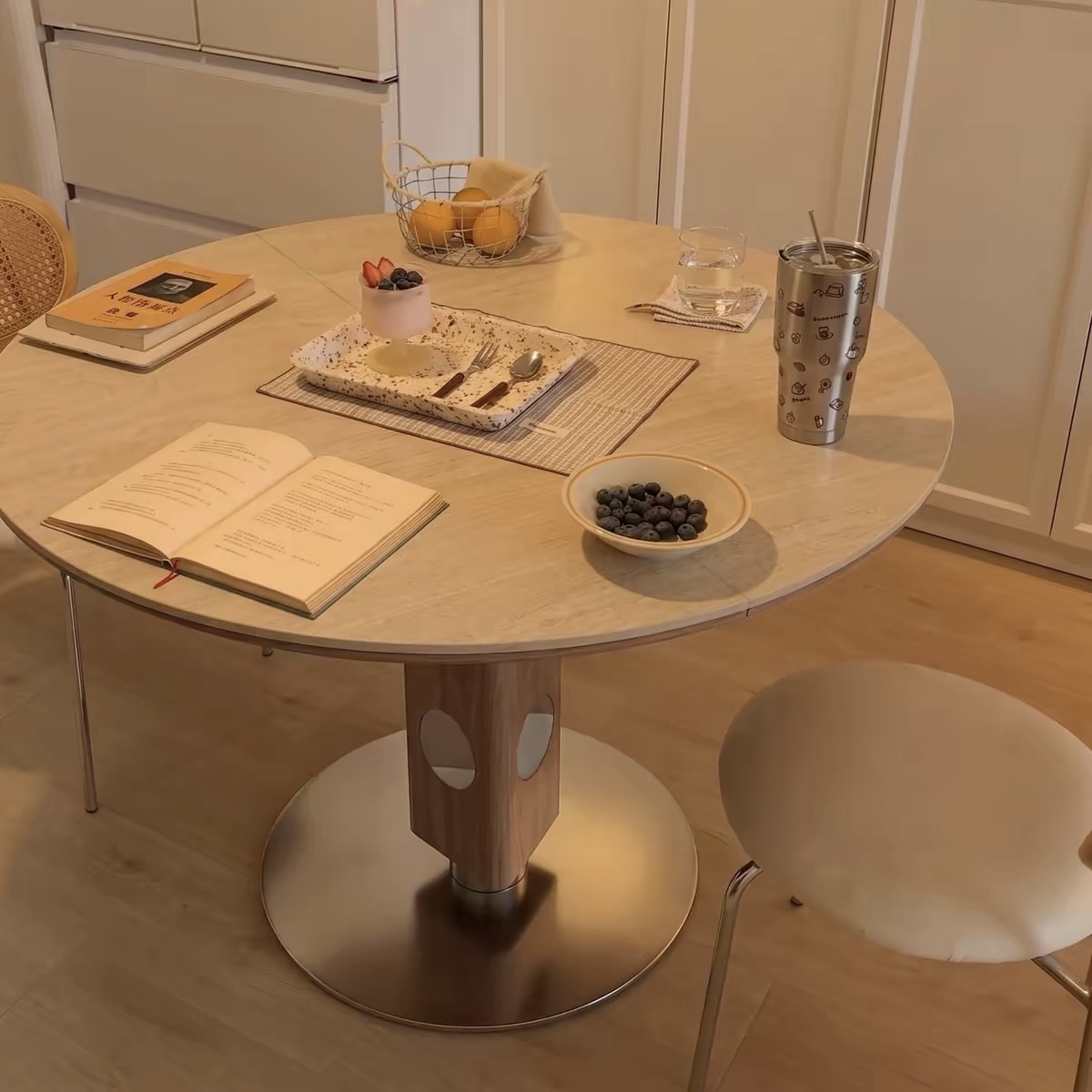 家用細單位方變橢圓岩板餐枱 中復古風 可伸縮摺疊實木食飯枱 Dining table