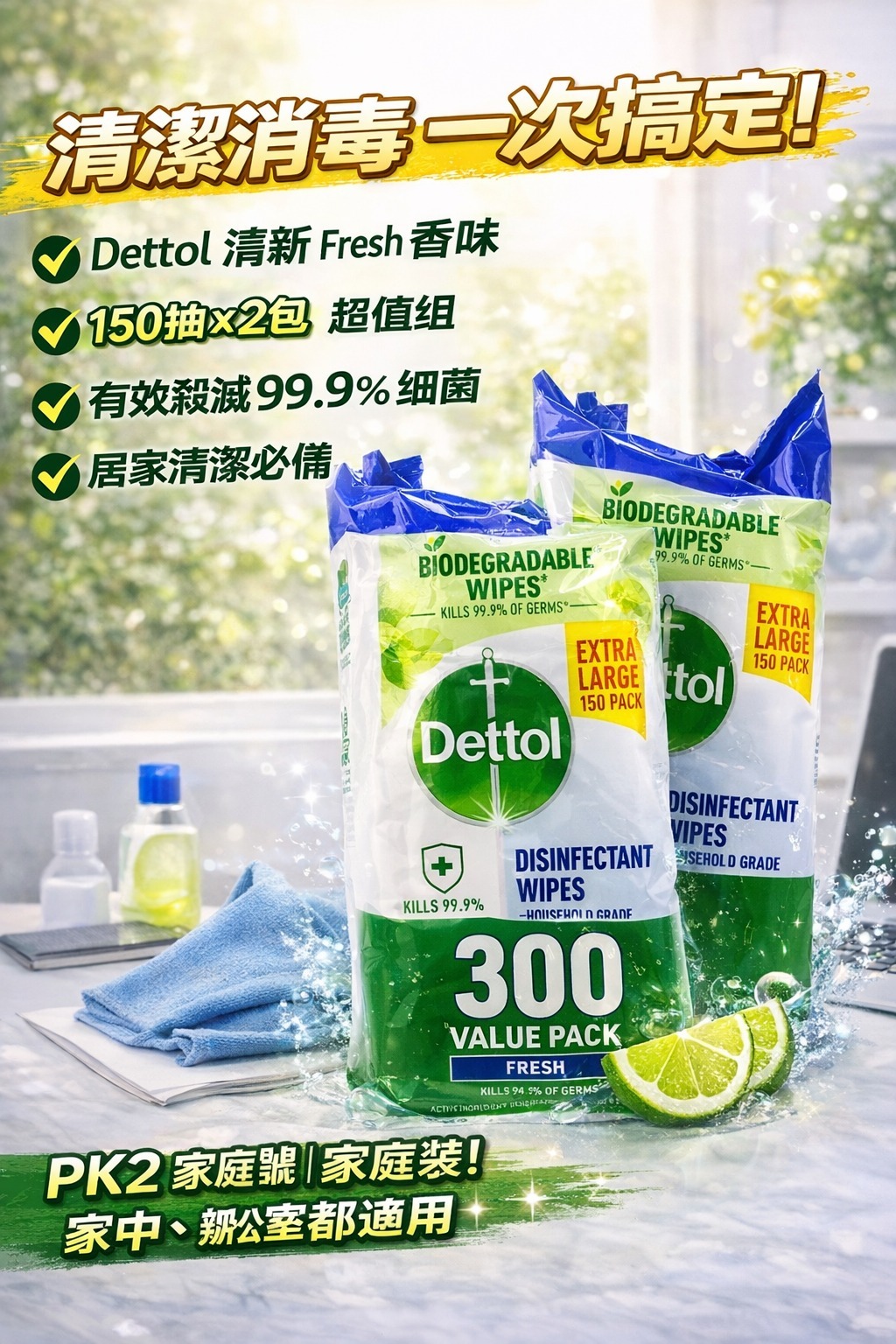 【預訂】DETTOL 消毒濕紙巾 (1組2包共300片)