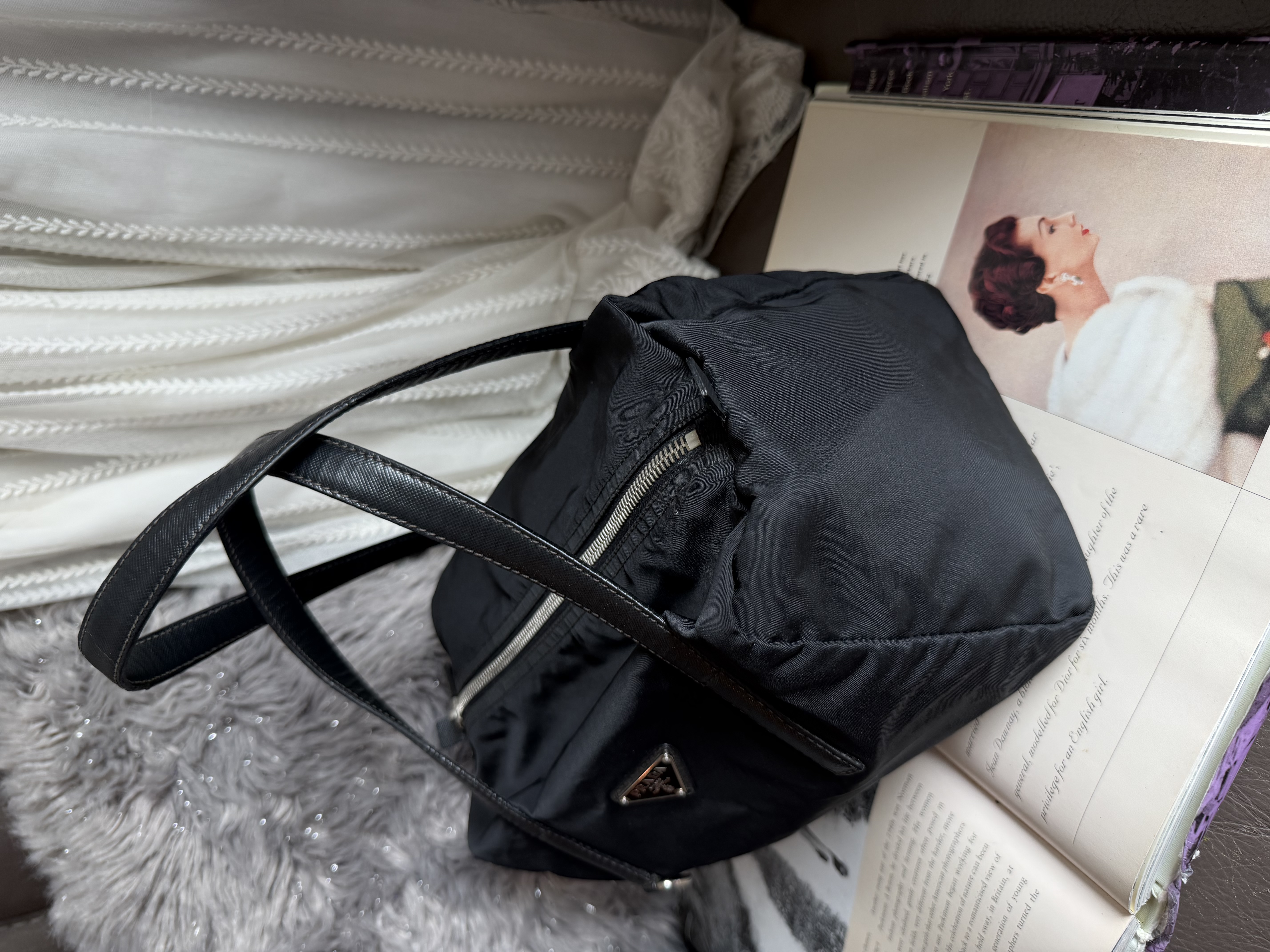 Prada black nylon / leather shoulder tote bag