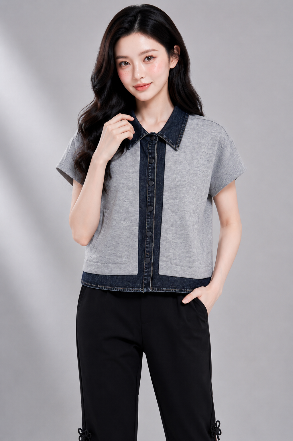 32211 Denim Contrast Comfort Polo Top