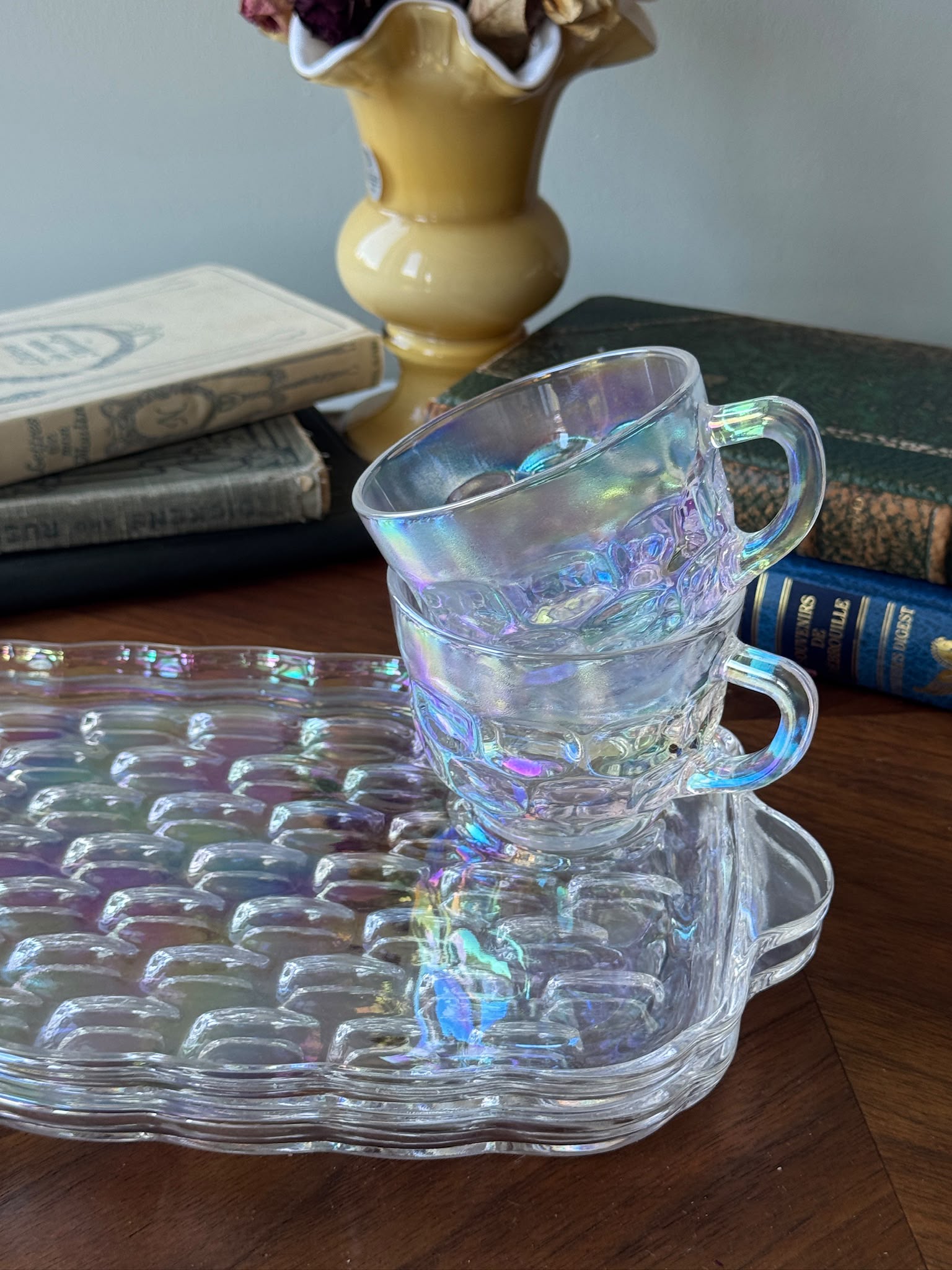 Vintage C.a. 1960s USA Federal Glass Yorktown “Thumbprint” Iridescent Snack Set -2 Sets  (MT2641)