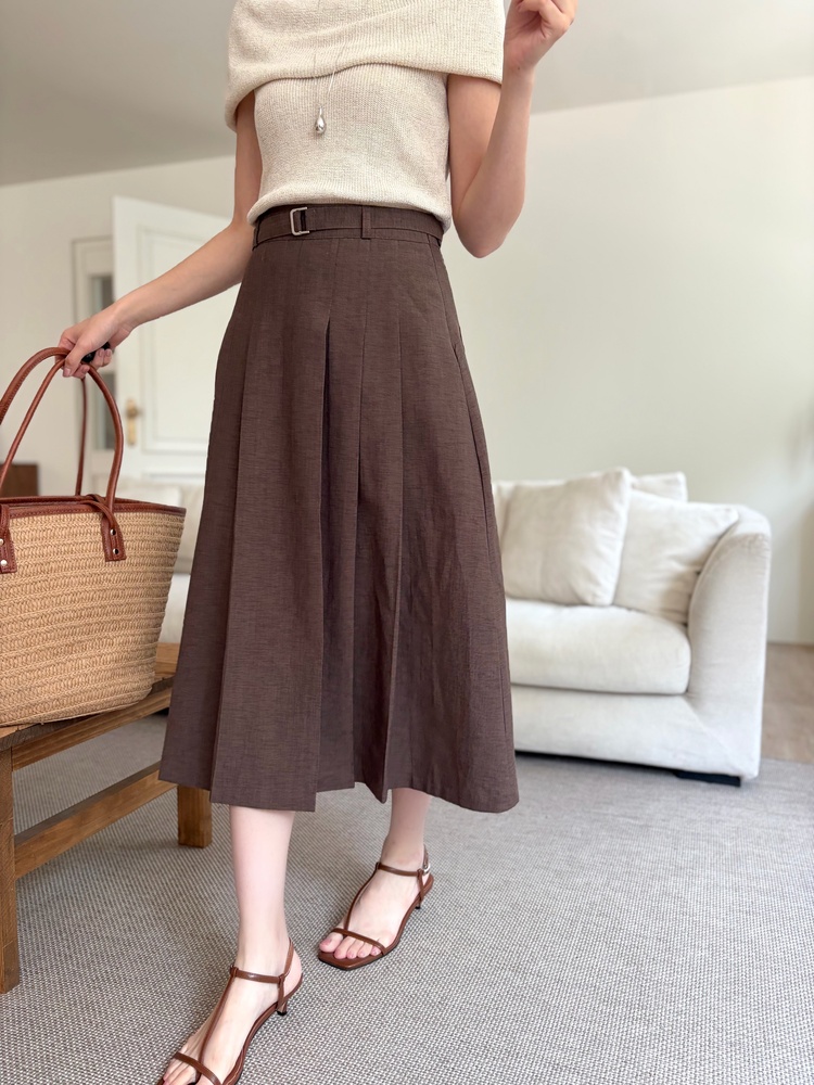 Linen Blend Pleated Skirt (Brown)