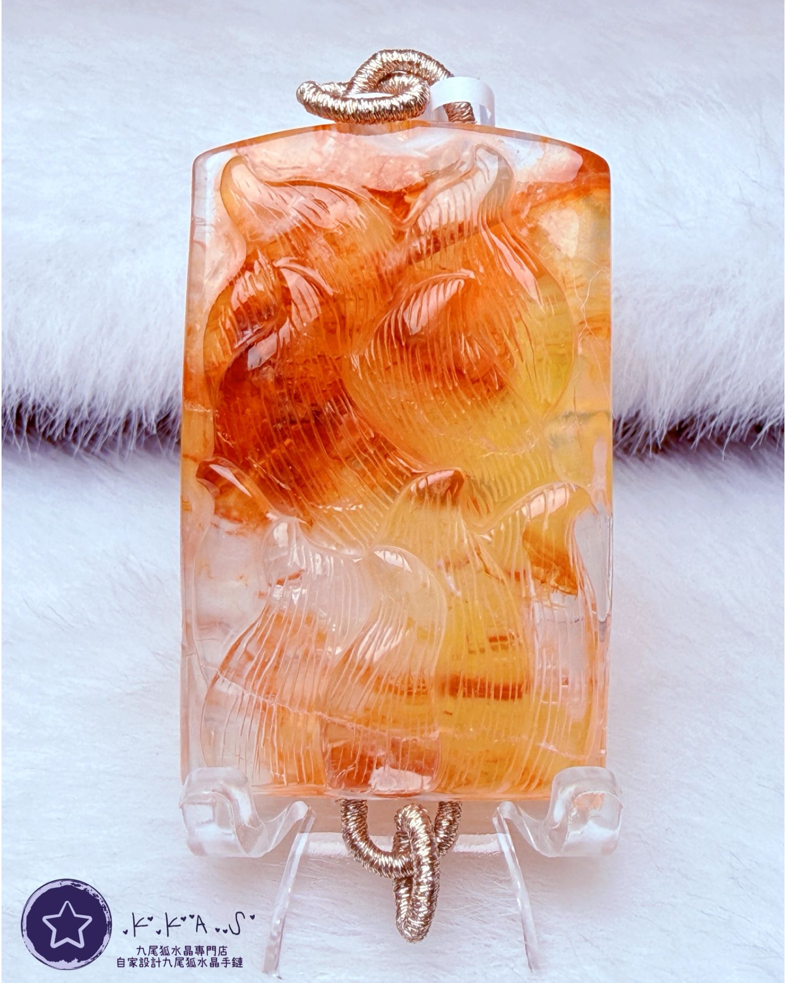K00125 橙紅膠花 將軍狐 - 吊墜/手牌兩用款
