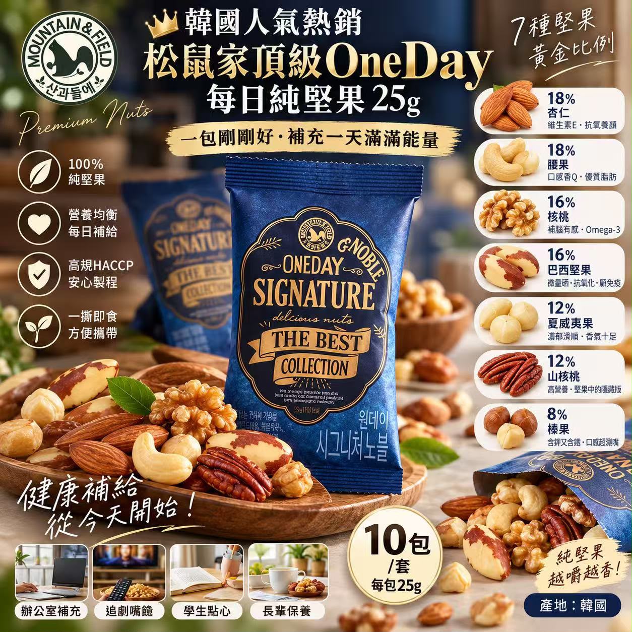 🥜韓國人氣熱銷💥MOUNTAIN & FIELD松鼠家頂級OneDay每日純堅果25g (一套10包)
