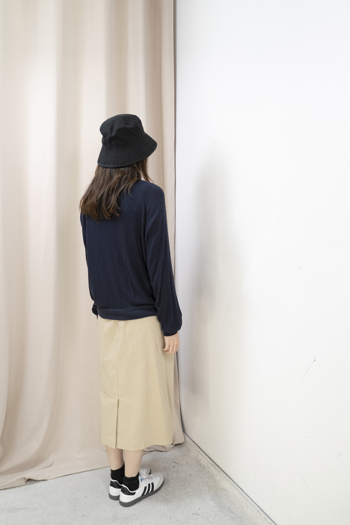 輕軟薄窩夫格紋半開胸上衣（藍色）