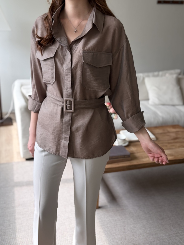 Feminine Belted Pocket Blouse (Brown)